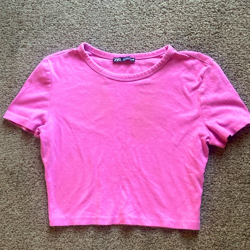 Zara pink short sleeved cropped tee shirt Sz L